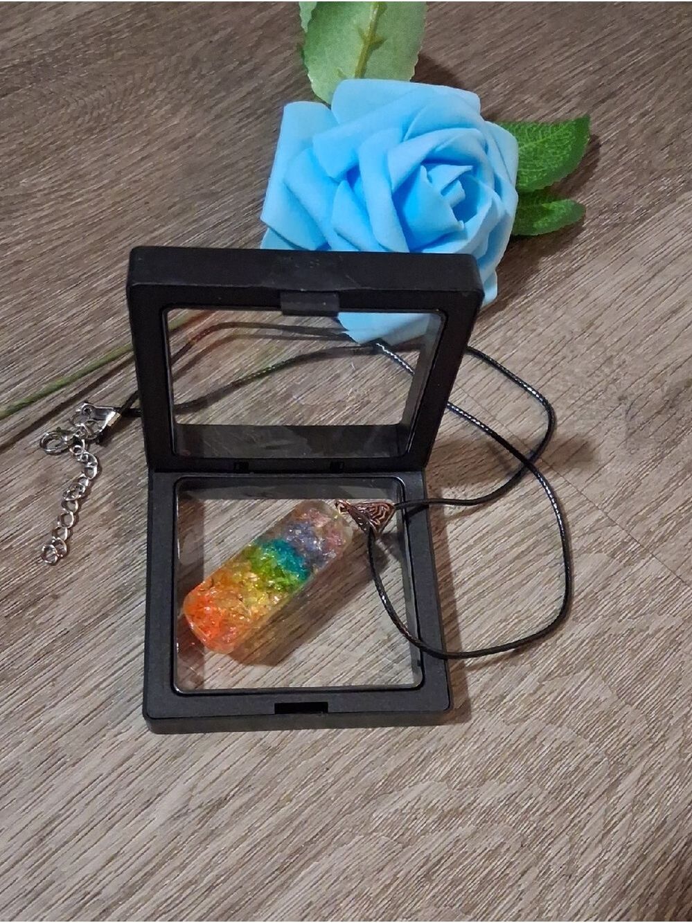 Rainbow Glitter Resin Bar Pendant with Gold Bail Necklace